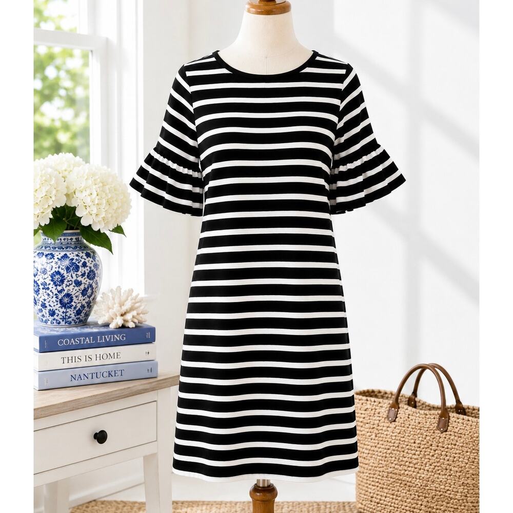 J.Crew Stripe Ruffle Sleeve Shift Dress Medium Nautical Coastal Chic